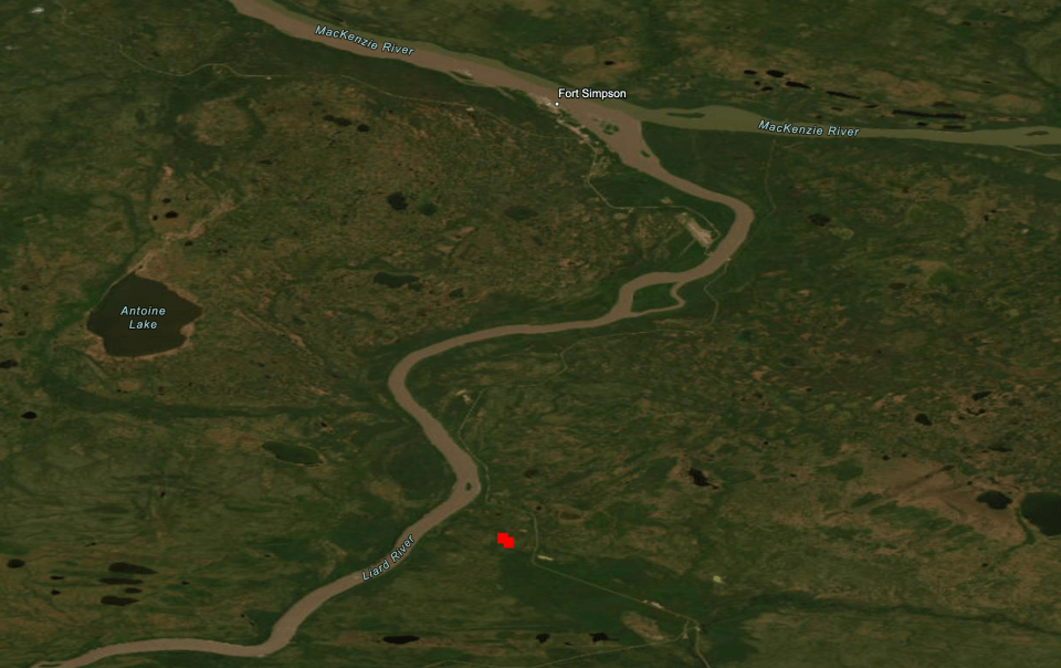 Hotspots from fire FS005, just west of the highway to and from Fort Simpson.